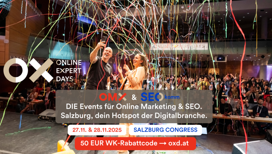 Menschen feiern bei Konferenz mit Konfetti, Text bewirbt OMX & SEOkomm in Salzburg